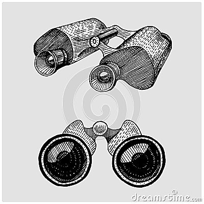 Binocular monocular vintage, engraved hand drawn in sketch or wood cut style, old looking retro scinetific instrument Vector Illustration