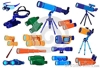 Binocular optical equipment vector illustrations, cartoon flat search, explore and zoom vision set with telescope Vector Illustration