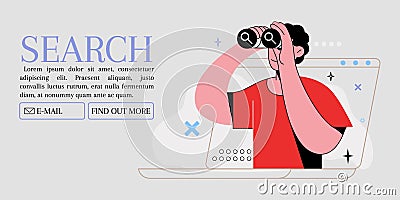 Binocular search. Line person, job and web business data, ui internet link, content seo and people. Man looking through Vector Illustration
