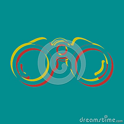 Binocular sign illustration. Pseudo 3d embossed icon with citrine and persian red colors on dark cyan background Vector Illustration