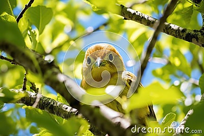 binocular view of a bird in a treetop Stock Photo