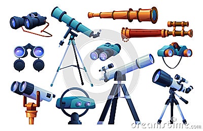 Binoculars and telescopes set cartoon spy glasses Vector Illustration