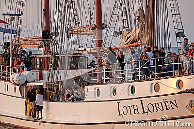 Binz, Germany - July 22, 2021 - The Loth LoriÃ«n is a three-masted barquentine flying the Dutch flag at dusk Editorial Stock Photo