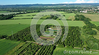 Bio farmer dron aerial field farming vegetable agricultural farm garden plantation fruit tree apple orchard video shot Stock Photo