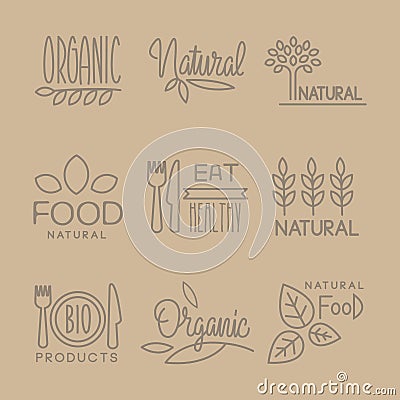 Bio Food Handdrawn Linear Lables Set Vector Illustration