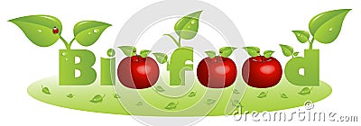 Bio food text caption with red apples Stock Photo