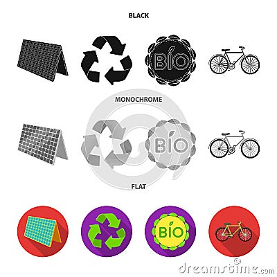 Bio label, eco bike, solar panel, recycling sign.Bio and ecology set collection icons in black, flat, monochrome style Vector Illustration