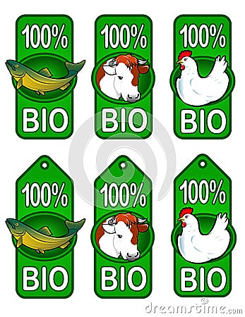 Bio Labels / Fish, Beef, Chicken Vector Illustration