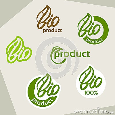 Bio logo, eco label, natural product sign, organic icon set Vector Illustration