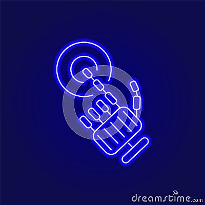 Bio mechanical arm push button outline icon. Exoskeleton and high tech technology. Cyberpunk concept Vector Illustration