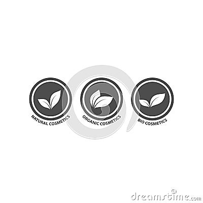 Bio, natural and organic cosmetics black circle vector badge set. Vector Illustration