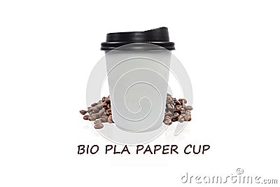 Bio paper cup of coffee to go with coffee beans on white background. Stock Photo