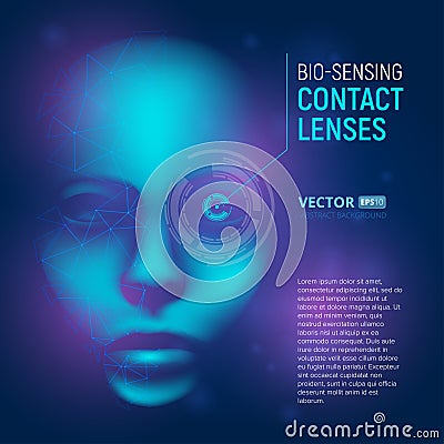 Bio-sensing contact lenses in realistic cyber mind face with polygonal shapes. Virtual artificial intelligence. Vector humanoid 3D Vector Illustration