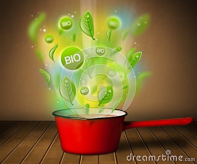 Bio signs coming out from cooking pot Stock Photo