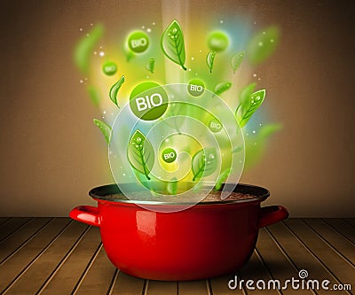 Bio signs coming out from cooking pot Stock Photo