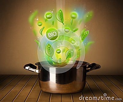 Bio signs coming out from cooking pot Stock Photo