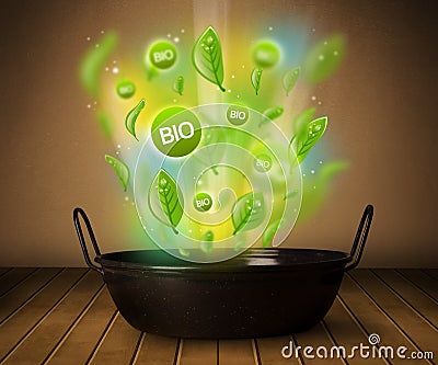 Bio signs coming out from cooking pot Stock Photo