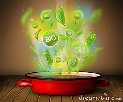 Bio signs coming out from cooking pot Stock Photo