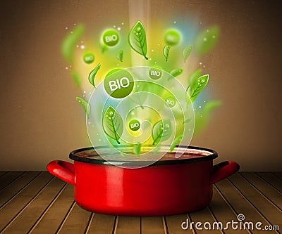 Bio signs coming out from cooking pot Stock Photo