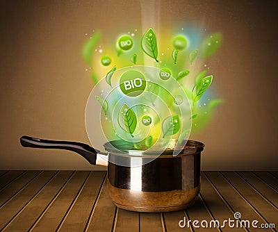 Bio signs coming out from cooking pot Stock Photo