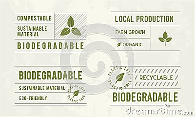 Bio tags set. Biodegradable, compostable vintage labels. Vector Illustration
