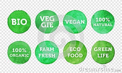 Bio, veggie, farm fresh, vegan, 100 organic and local food product label icon set. Vector Illustration