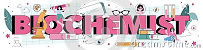 Biochemist typographic header. Biotechnologist controling raw materials Cartoon Illustration