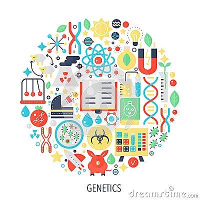 Biochemistry genetics technology flat infographics icons in circle - color concept illustration for sewing cover, emblem Vector Illustration