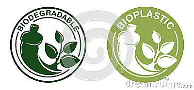 Biodegradable badge - bottle turns to plant branch Vector Illustration