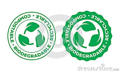Biodegradable, compostable recyclable vector icon. Bio recyclable eco friendly package green leaf stamp logo Vector Illustration