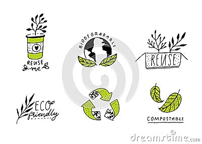 Biodegradable and compostable sign. Reduce, reuse and recycle concept badges for eco friendly packaging. Set of green Vector Illustration