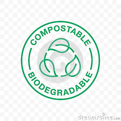 Biodegradable icon or compostable eco plastic, vector leaf label. Bio degradable stamp, green recycle circle symbol, for eco Vector Illustration