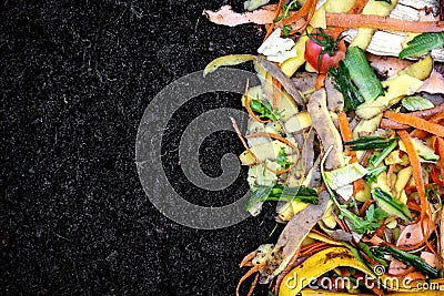 Biodegradable kitchen waste on soil. composting organic food leftovers. copy space Stock Photo