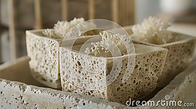 Biodegradable packaging material grown from mycelium reducing waste and carbon footprint without sacrificing strength Stock Photo