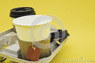 Biodegradable recycled cardboard cup tray for four drinks with cardboard cups for hot drinks Stock Photo