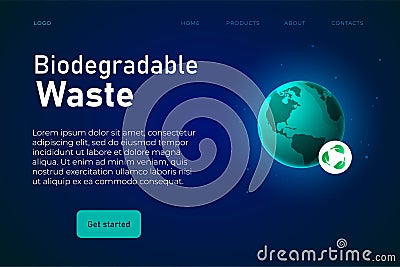 Biodegradable waste title on webpage header with 3d earth in poisonous colors. Vector Illustration