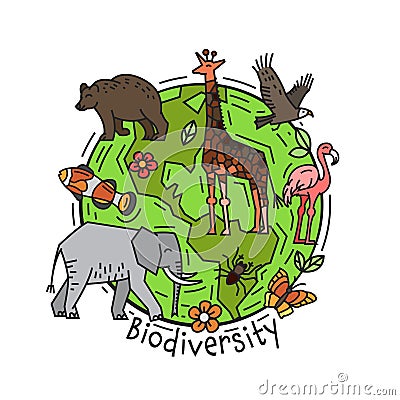Biodiversity, biological diversity. Variety of life on Earth. Vector Illustration