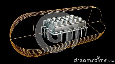 Bioelectronics . Microchip in pill capsule. View 1 Cartoon Illustration