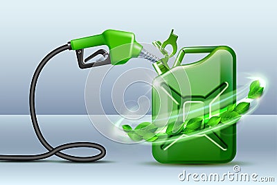 Biofuel. Gas pump nozzle and Green jerrycan with green leaves. Biofuel concept. Vector Illustration