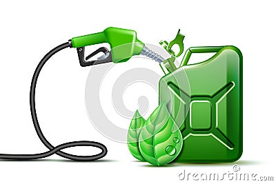 Biofuel. Gas pump nozzle and Green jerrycan with green leaves isolated on white background, Vector Illustration