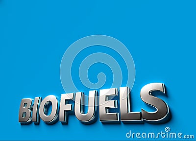 Biofuels word as 3D sign or logo concept placed on blue surface with copy space above it. New bio fuels technologies concept. 3D Stock Photo