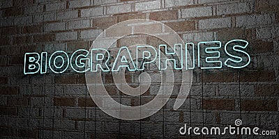 BIOGRAPHIES - Glowing Neon Sign on stonework wall - 3D rendered royalty free stock illustration Cartoon Illustration