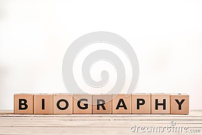 Biography headline sign on a table Stock Photo