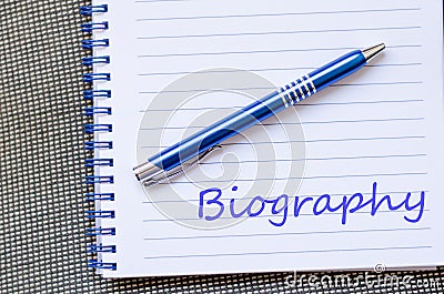 Biography write on notebook Stock Photo