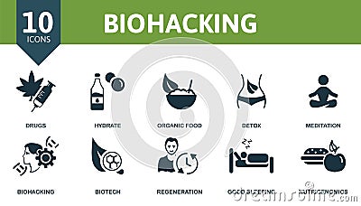 Biohacking icon set. Collection contain meditation, hydrate, biotech, nutrigenomics and over icons. Biohacking elements Vector Illustration