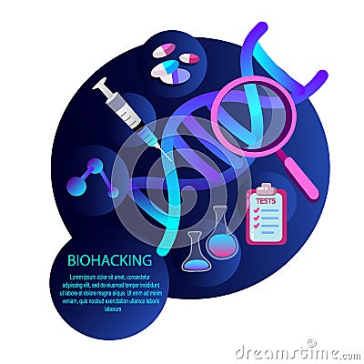 Biohacking scientific genetical research Biological analysis with magnifier, Injection Tests, Gene, DNA, Vitamins. Biological Cartoon Illustration