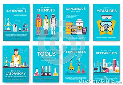 Biohazard chemists brochure cards set. chemistry lab template of flyear, magazine, poster, book cover, banner. Science Vector Illustration