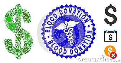 Biohazard Mosaic Dollar Icon with Serpents Grunge Blood Donation Seal Vector Illustration