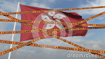 Do not cross biohazard tape lines on the flag background. Restricted entry or quarantine in Hong Kong. Conceptual 3D Stock Photo