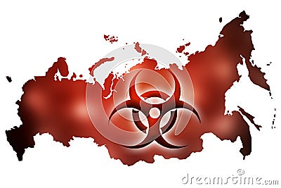 Biohazard sign against the background of a contour map of Russia with a red glow. The concept of a new outbreak of diseases and Stock Photo